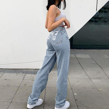 Znbbw Print Straight Denim Pants Jeans Women High Waist Loose Wide Leg Pant Streetwear 2023 Fashion Casual Trousers